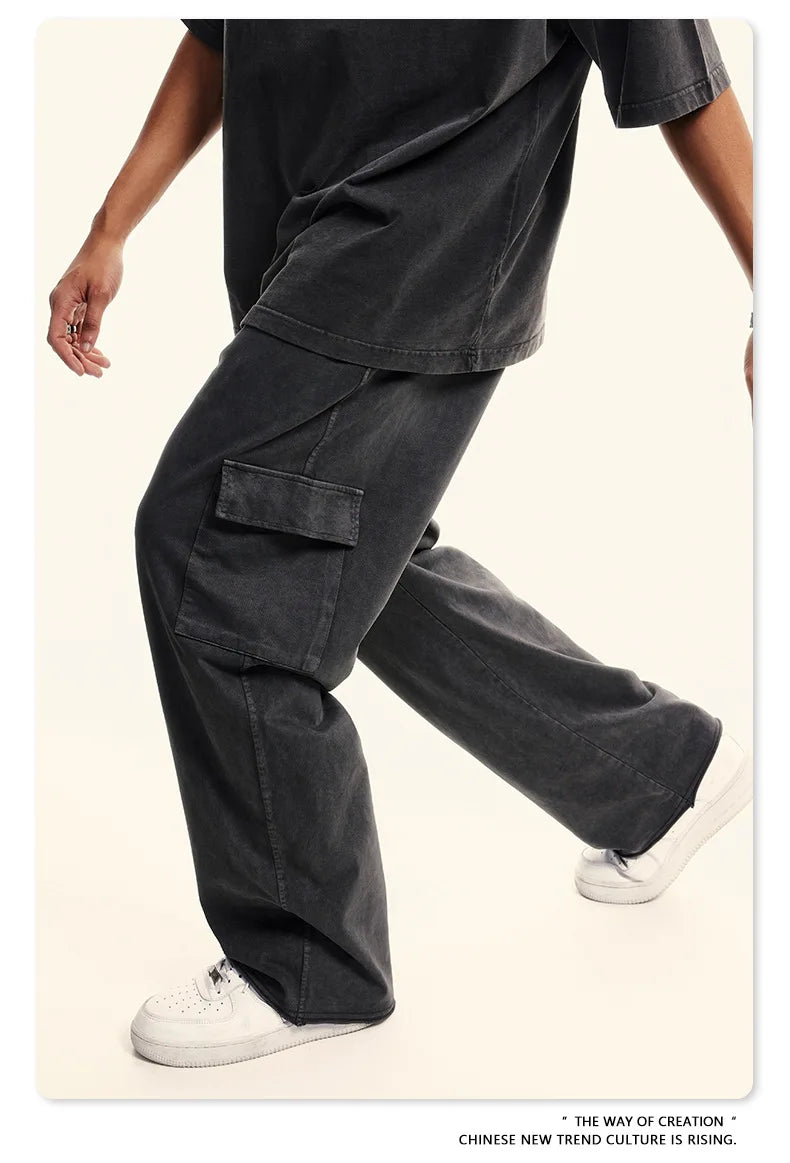 Custom LOGO Men's 358G Spring Summer 100% Cotton New Teen Thin Multi-Pocket American Retro Washing Tooling Casual Couple Pants