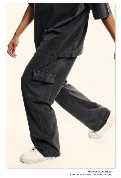 Custom LOGO Men's 358G Spring Summer 100% Cotton New Teen Thin Multi-Pocket American Retro Washing Tooling Casual Couple Pants