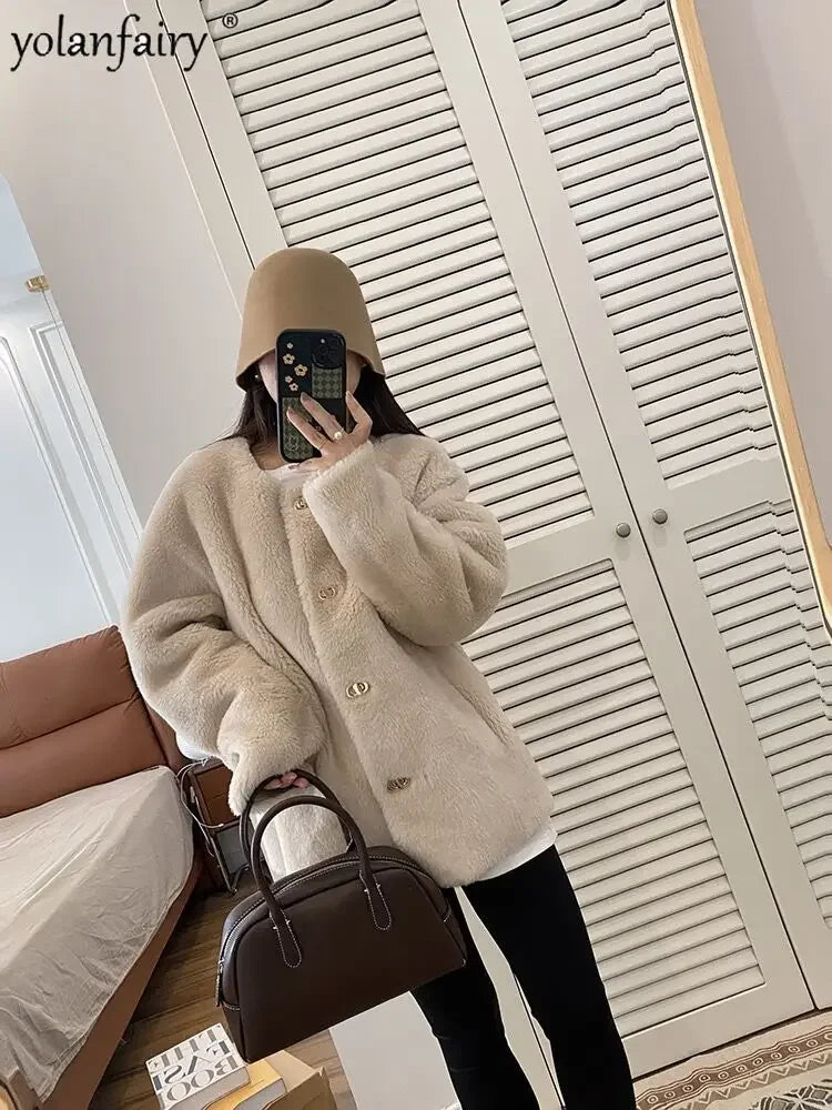 Lamb Fur Jacket for Women Pure Wool Fur Coats Particle Sheep Fleece Gold Buckle Composite Fur Integrated Women's Winter Coat FCY