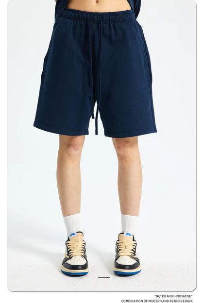 Custom LOGO men's new washed 420G European and American 100% cotton retro terry couple casual sports shorts