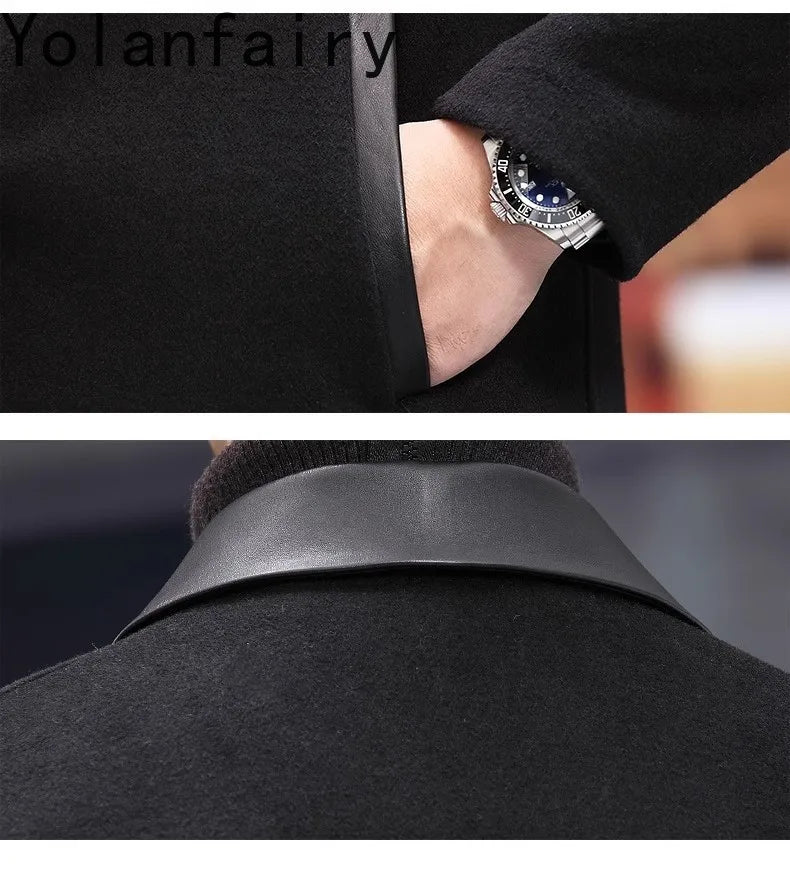YOLANFAIRY Casual Wool Coats for Men Spring Autumn Fashion Short Woolen Coat Man Clothing Spliced Genuine Leather Mens Jacket