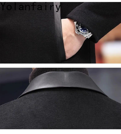 YOLANFAIRY Casual Wool Coats for Men Spring Autumn Fashion Short Woolen Coat Man Clothing Spliced Genuine Leather Mens Jacket