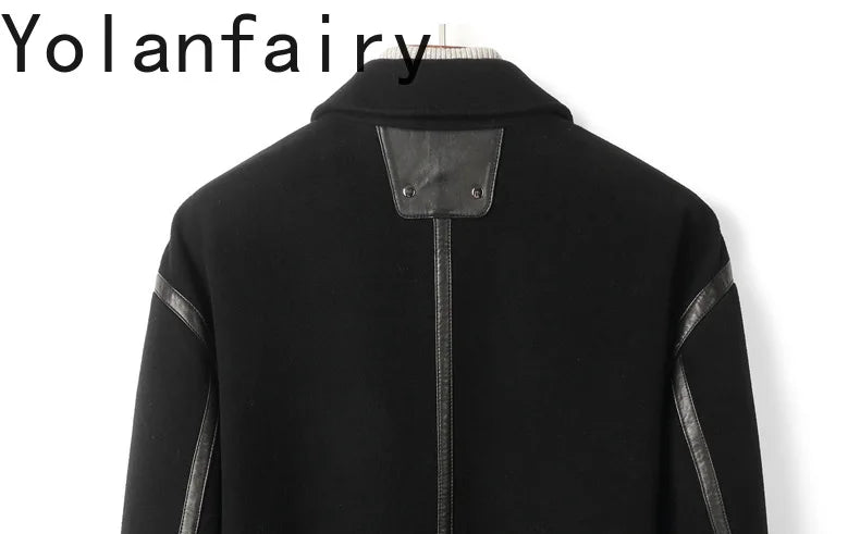 YOLANFAIRY Real Sheepskin Leather Patchwork Wool Coat for Men Autumn Trendy Short Cashmere Jacket Loose Streetwear ropa hombre