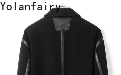 YOLANFAIRY Real Sheepskin Leather Patchwork Wool Coat for Men Autumn Trendy Short Cashmere Jacket Loose Streetwear ropa hombre