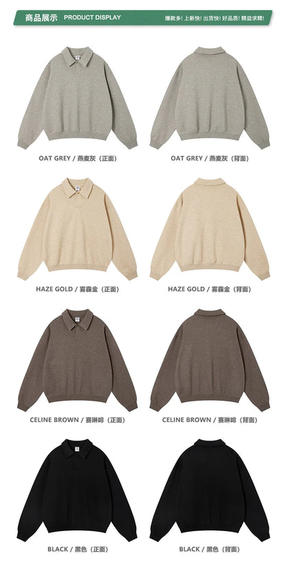 Custom LOGO men's autumn 320G heavy cotton new old money wind American retro polo sweater trousers loose suit