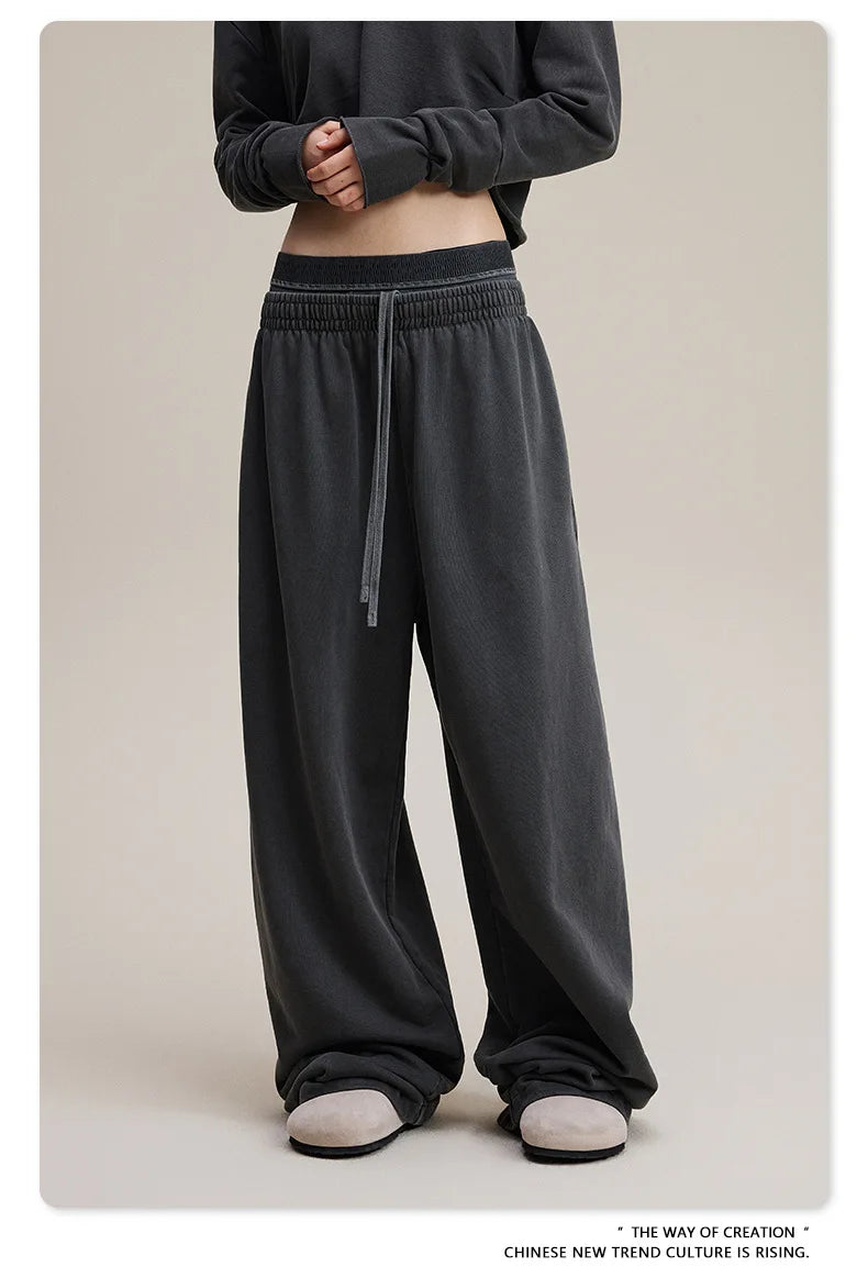 Custom LOGO Women's 2025 Spring and Autumn 370G Heavy 100% Cotton Retro Style Old and Skinny Double Waist Casual Straight Pants