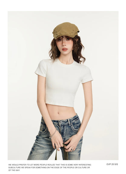 Crop Top Women Custom LOGO Free Print  Short Sleeve  Solid Slim Fit Crew Neck Tee Basic Skinny Tight Casual Workout Yoga Tshirt