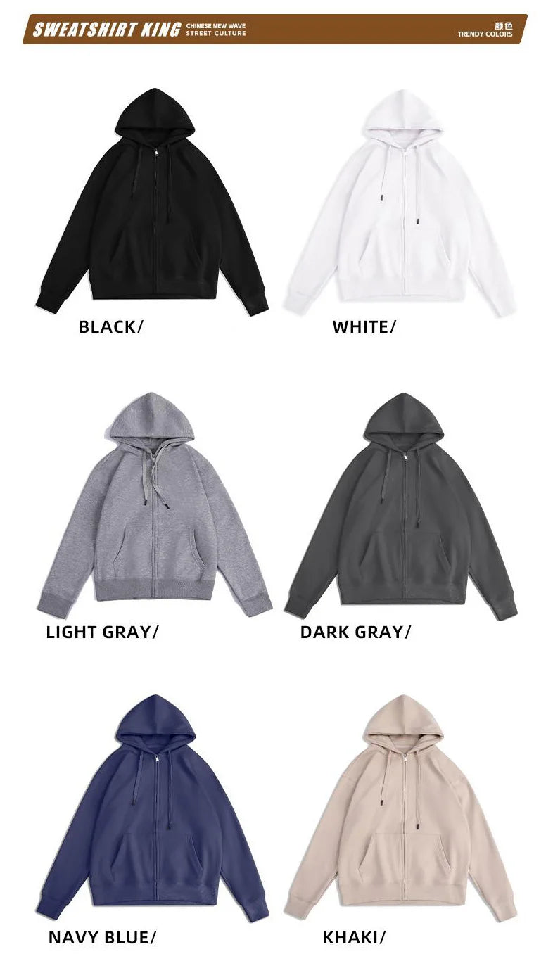 600GSM 95% Cotton DIY Custom LOGO Solid Retro Oversize Hoodie Unisex Winter Warm Zipper Up Open-Up Hoodies Classic Loose Coat