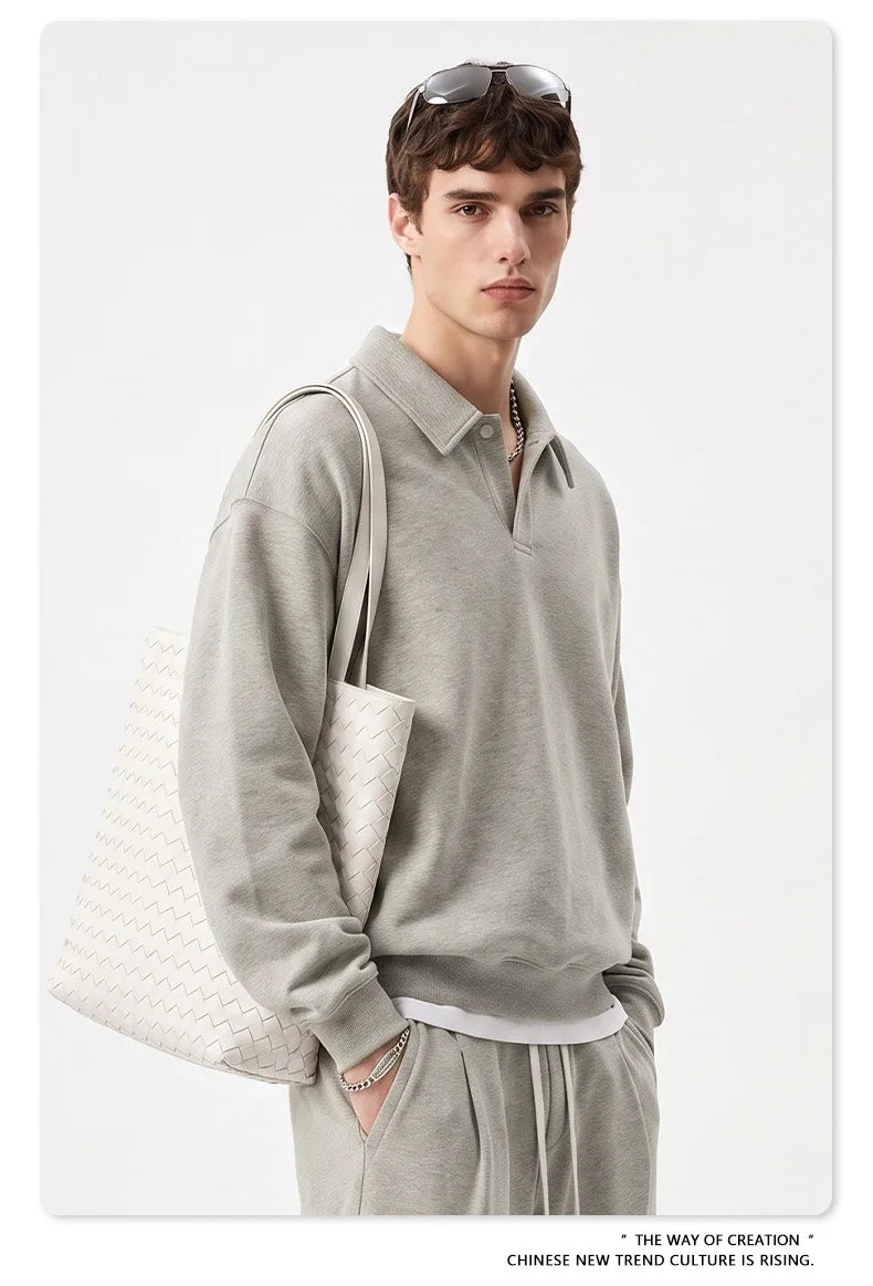 Custom LOGO men's autumn 320G heavy cotton new old money wind American retro polo sweater trousers loose suit
