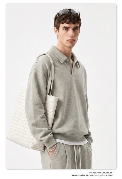 Custom LOGO men's autumn 320G heavy cotton new old money wind American retro polo sweater trousers loose suit