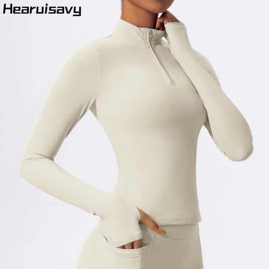 Hearuisavy Half Zipper High Collar Sports Shirts Quick-Dry Yoga Clothing Women Sportswear Fitness Long Sleeve Tight Clothes
