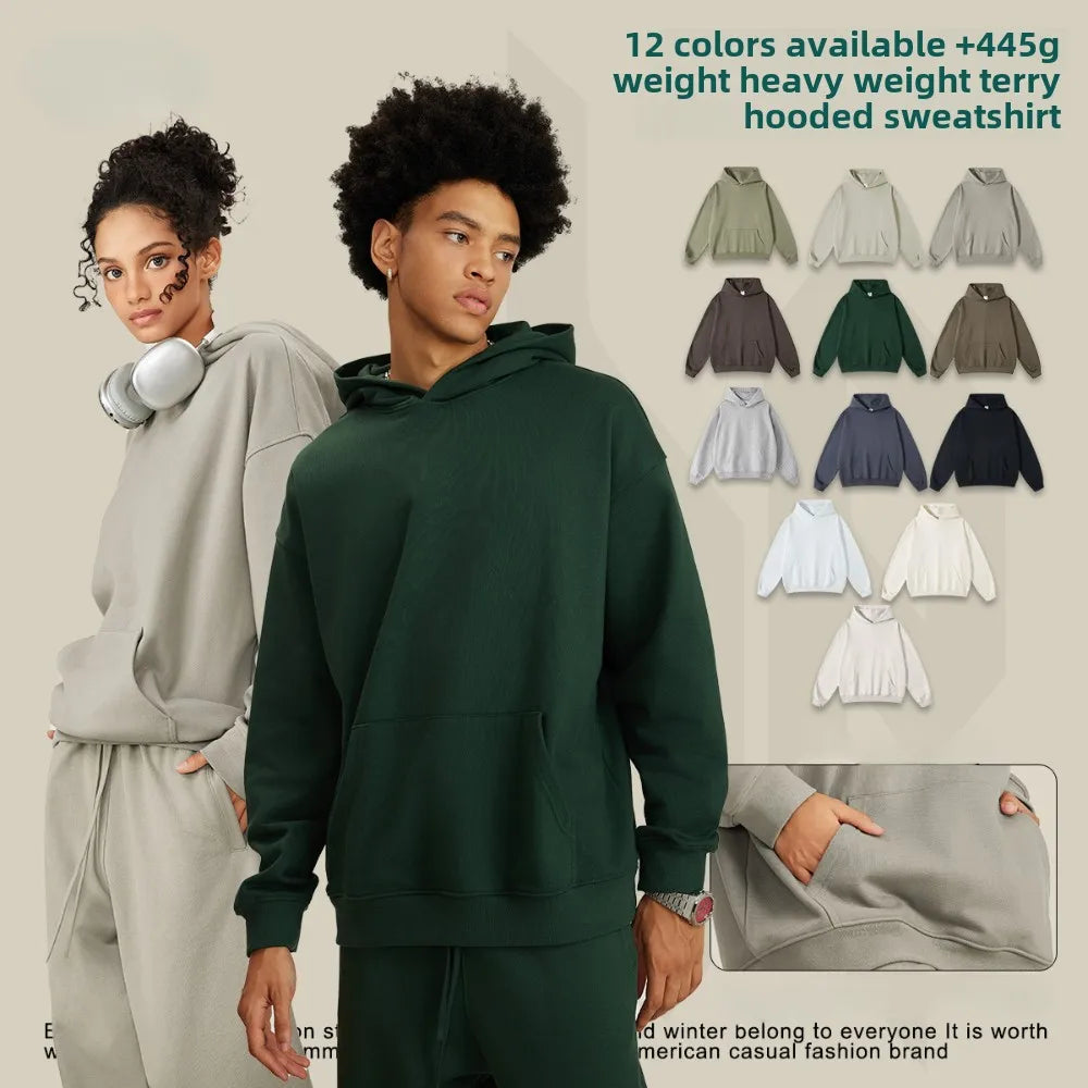 Custom LOGO men's and women's heavy 445G terry cotton and polyester casual sweater spring and autumn hoodie 2024 top