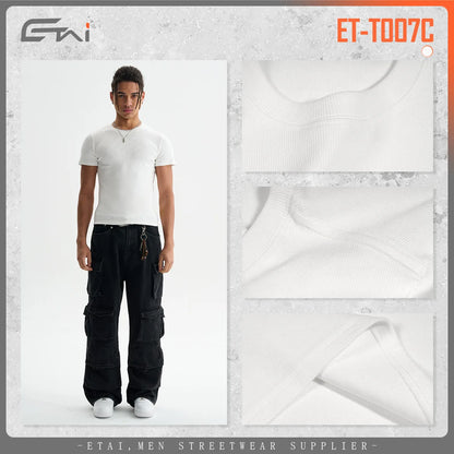 Custom LOGO Men's High Quality Skinny Short Threaded Short Sleeve T-Shirt Elastic Casual Sports Top