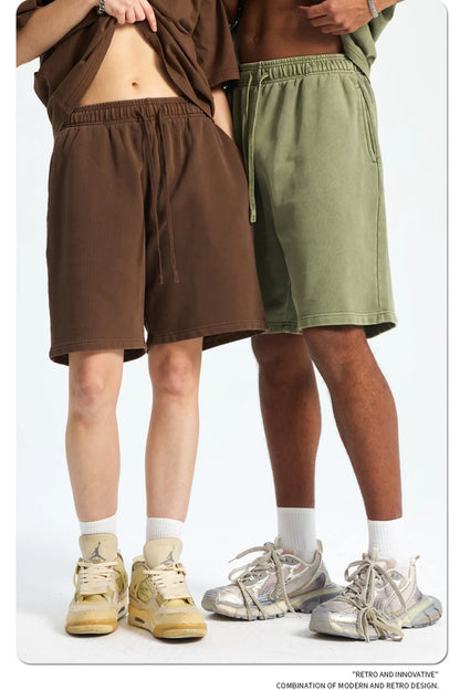 Custom LOGO men's new washed 420G European and American 100% cotton retro terry couple casual sports shorts