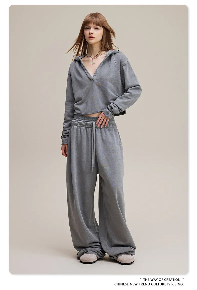 Custom LOGO Women's 2025 Spring and Autumn 370G Heavy 100% Cotton Retro Style Old and Skinny Double Waist Casual Straight Pants