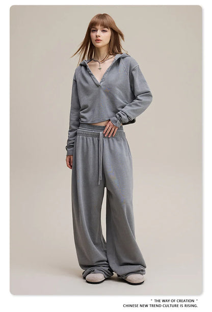 Custom LOGO Women's 2025 Spring and Autumn 370G Heavy 100% Cotton Retro Style Old and Skinny Double Waist Casual Straight Pants