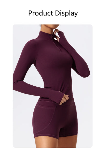 Hearuisavy Half Zipper High Collar Sports Shirts Quick-Dry Yoga Clothing Women Sportswear Fitness Long Sleeve Tight Clothes