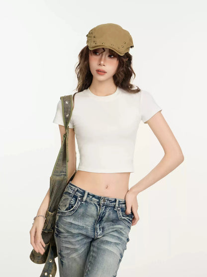 Crop Top Women Custom LOGO Free Print  Short Sleeve  Solid Slim Fit Crew Neck Tee Basic Skinny Tight Casual Workout Yoga Tshirt