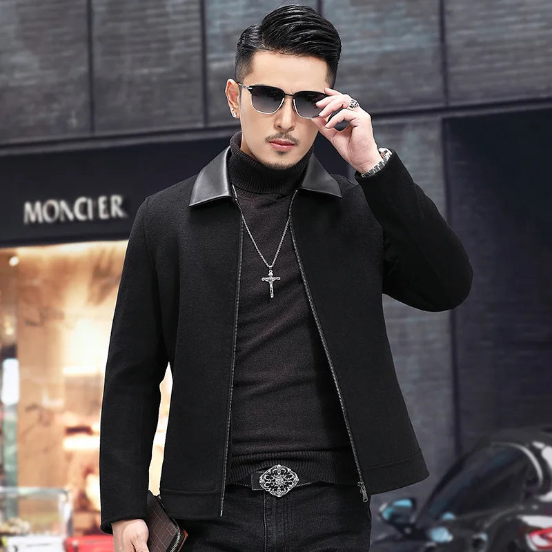 YOLANFAIRY Casual Wool Coats for Men Spring Autumn Fashion Short Woolen Coat Man Clothing Spliced Genuine Leather Mens Jacket