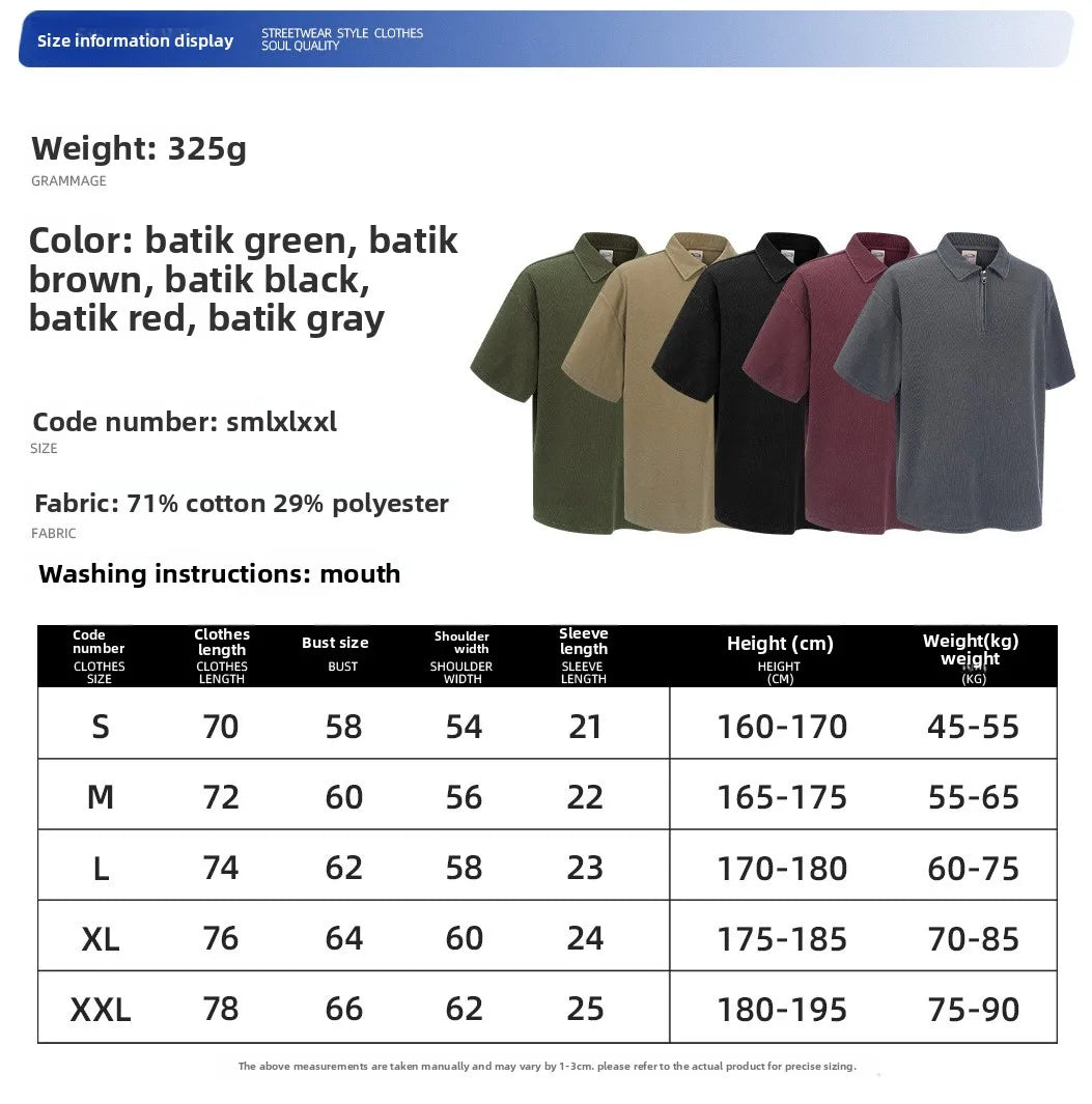 Custom LOGO Men's 2026 New Polo Shirt 325G Cotton Polyester YKK Zipper Batik Waffle Wash Old Short Sleeve T-Shirt