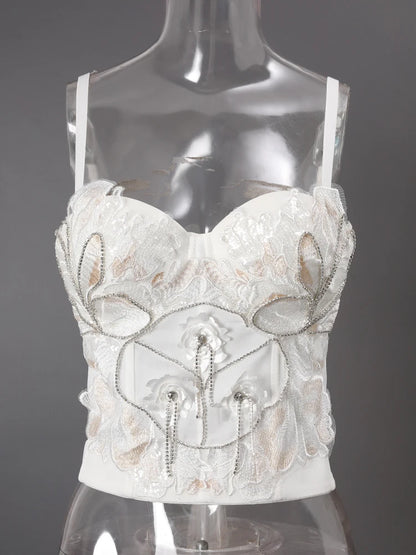 DEAT Fashion Fishbone Embroidery Lace Waist-sliming Tank Tops Women’s Pearl Embroidery Backless Sleeveless Camis Summer New