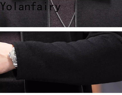 YOLANFAIRY Casual Wool Coats for Men Spring Autumn Fashion Short Woolen Coat Man Clothing Spliced Genuine Leather Mens Jacket