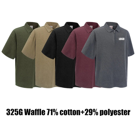 Custom LOGO Men's 2026 New Polo Shirt 325G Cotton Polyester YKK Zipper Batik Waffle Wash Old Short Sleeve T-Shirt