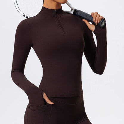 Hearuisavy Half Zipper High Collar Sports Shirts Quick-Dry Yoga Clothing Women Sportswear Fitness Long Sleeve Tight Clothes
