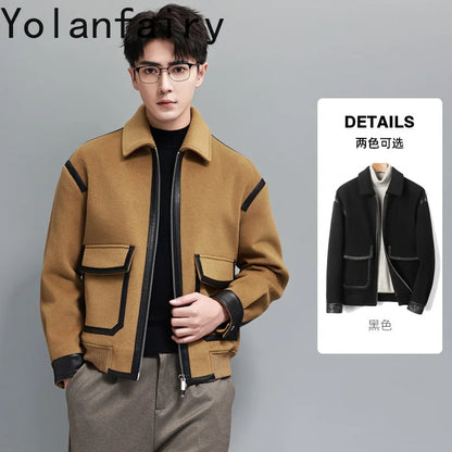 YOLANFAIRY Real Sheepskin Leather Patchwork Wool Coat for Men Autumn Trendy Short Cashmere Jacket Loose Streetwear ropa hombre