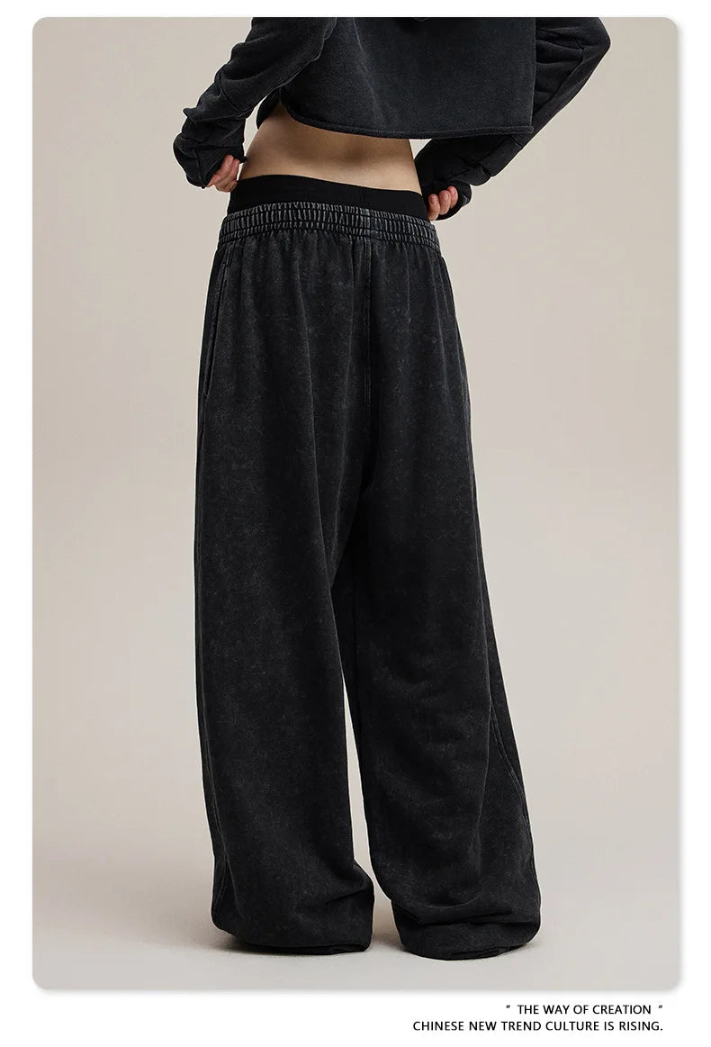 Custom LOGO Women's 2025 Spring and Autumn 370G Heavy 100% Cotton Retro Style Old and Skinny Double Waist Casual Straight Pants