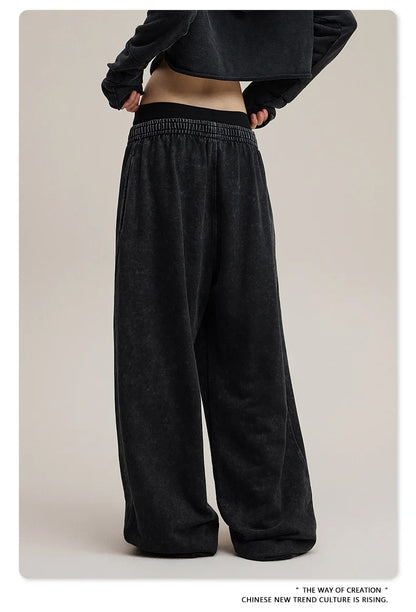 Custom LOGO Women's 2025 Spring and Autumn 370G Heavy 100% Cotton Retro Style Old and Skinny Double Waist Casual Straight Pants