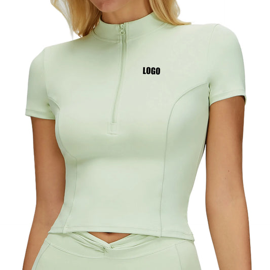 Custom LOGO Women's Yoga Short Sleeve Stand-up Neck Zipper Skinny Sports Short Sleeve Outdoor Running Fitness Top