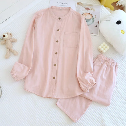 2026 New Spring/Summer Couple's Pajama Set 100% Cotton Simple Men's and Women's Long Sleeve Long Pants Two Piece Home Clothes