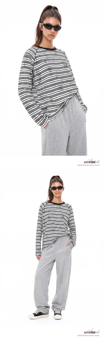 Custom LOGO Men's Cotton Polyester 210G Retro Dirty Dyeing Room Strips Shoulder Rugged Couple Long Sleeve Knitted T-Shirt Top