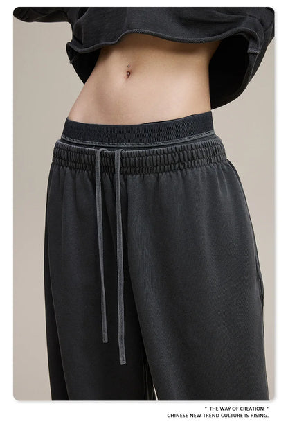 Custom LOGO Women's 2025 Spring and Autumn 370G Heavy 100% Cotton Retro Style Old and Skinny Double Waist Casual Straight Pants