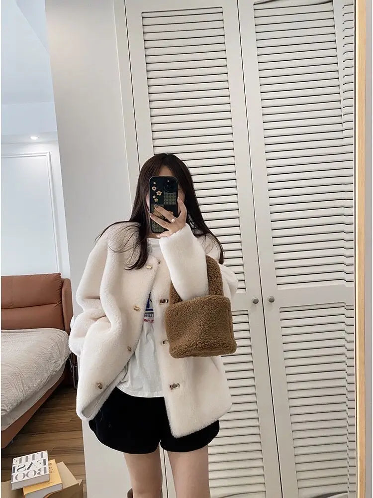 Lamb Fur Jacket for Women Pure Wool Fur Coats Particle Sheep Fleece Gold Buckle Composite Fur Integrated Women's Winter Coat FCY