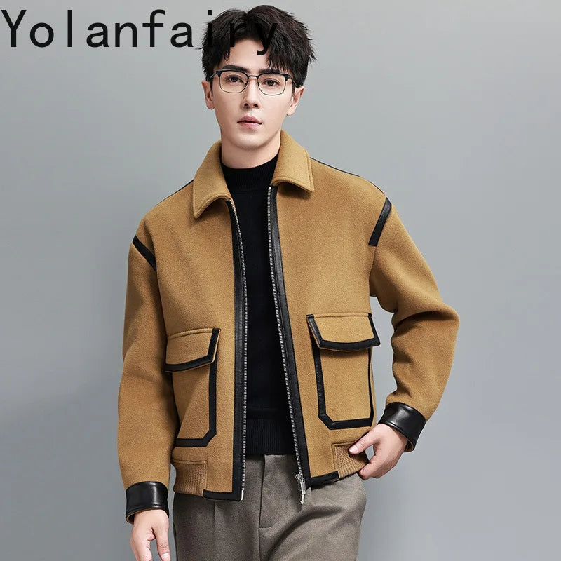 YOLANFAIRY Real Sheepskin Leather Patchwork Wool Coat for Men Autumn Trendy Short Cashmere Jacket Loose Streetwear ropa hombre