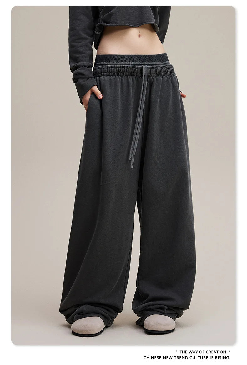 Custom LOGO Women's 2025 Spring and Autumn 370G Heavy 100% Cotton Retro Style Old and Skinny Double Waist Casual Straight Pants