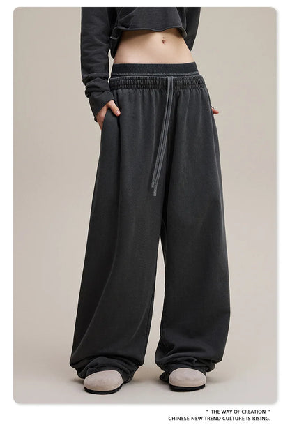 Custom LOGO Women's 2025 Spring and Autumn 370G Heavy 100% Cotton Retro Style Old and Skinny Double Waist Casual Straight Pants