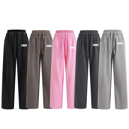 Custom LOGO Women's 2025 Spring and Autumn 370G Heavy 100% Cotton Retro Style Old and Skinny Double Waist Casual Straight Pants