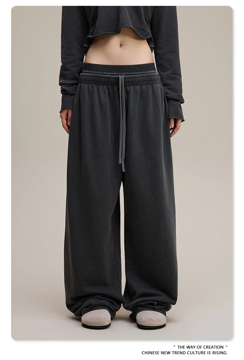 Custom LOGO Women's 2025 Spring and Autumn 370G Heavy 100% Cotton Retro Style Old and Skinny Double Waist Casual Straight Pants