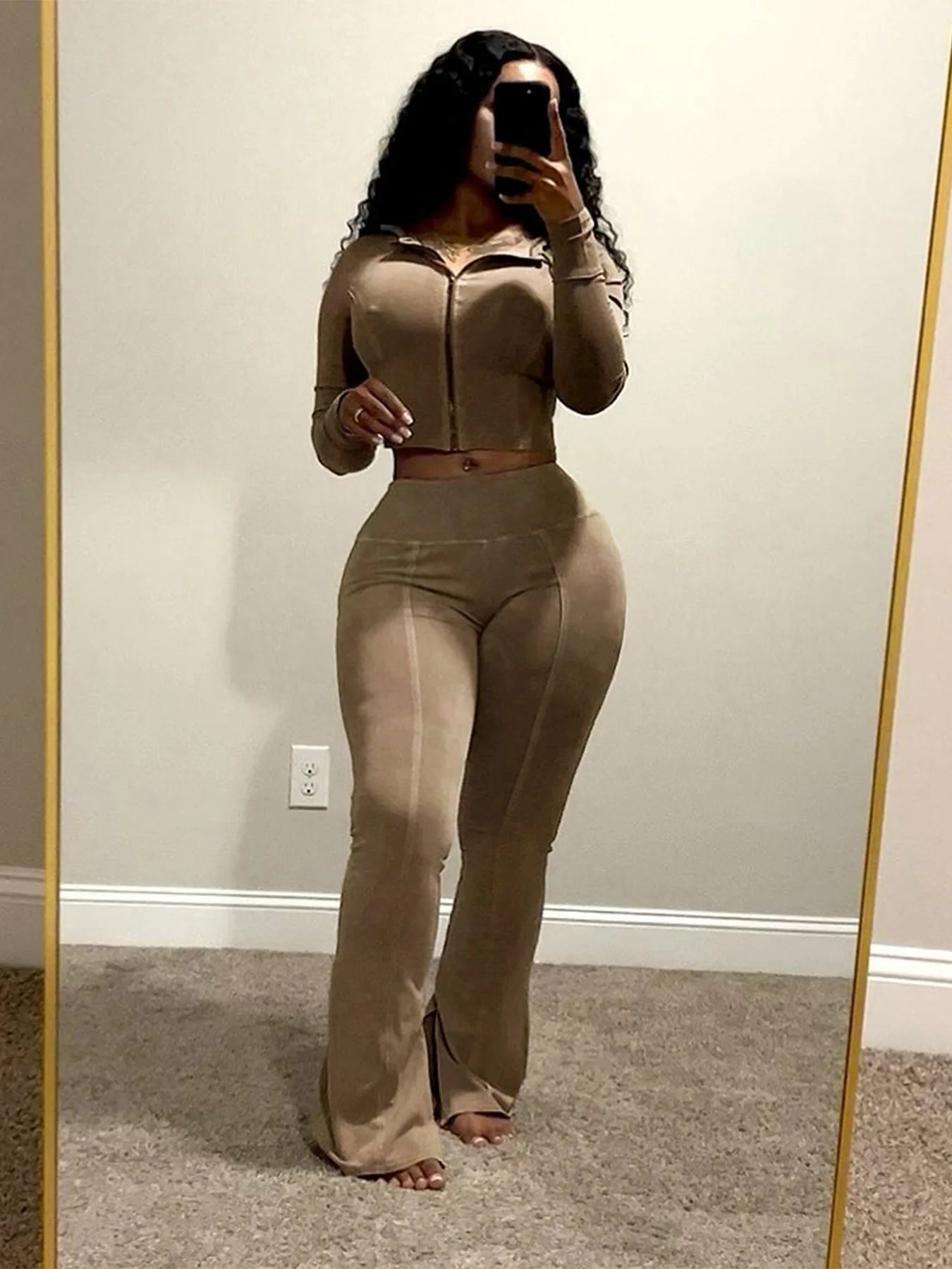Customized LOGO women's cotton ammonia washed old hooded flared pants elastic two-piece casual suit
