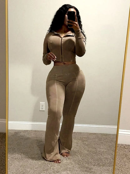 Customized LOGO women's cotton ammonia washed old hooded flared pants elastic two-piece casual suit