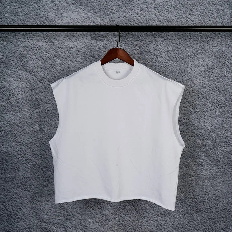 Custom LOGO Men's 340G Heavy Cotton Polyester Casual Short Vest Trendy Loose Hemming Loose Couple Sleeveless Top