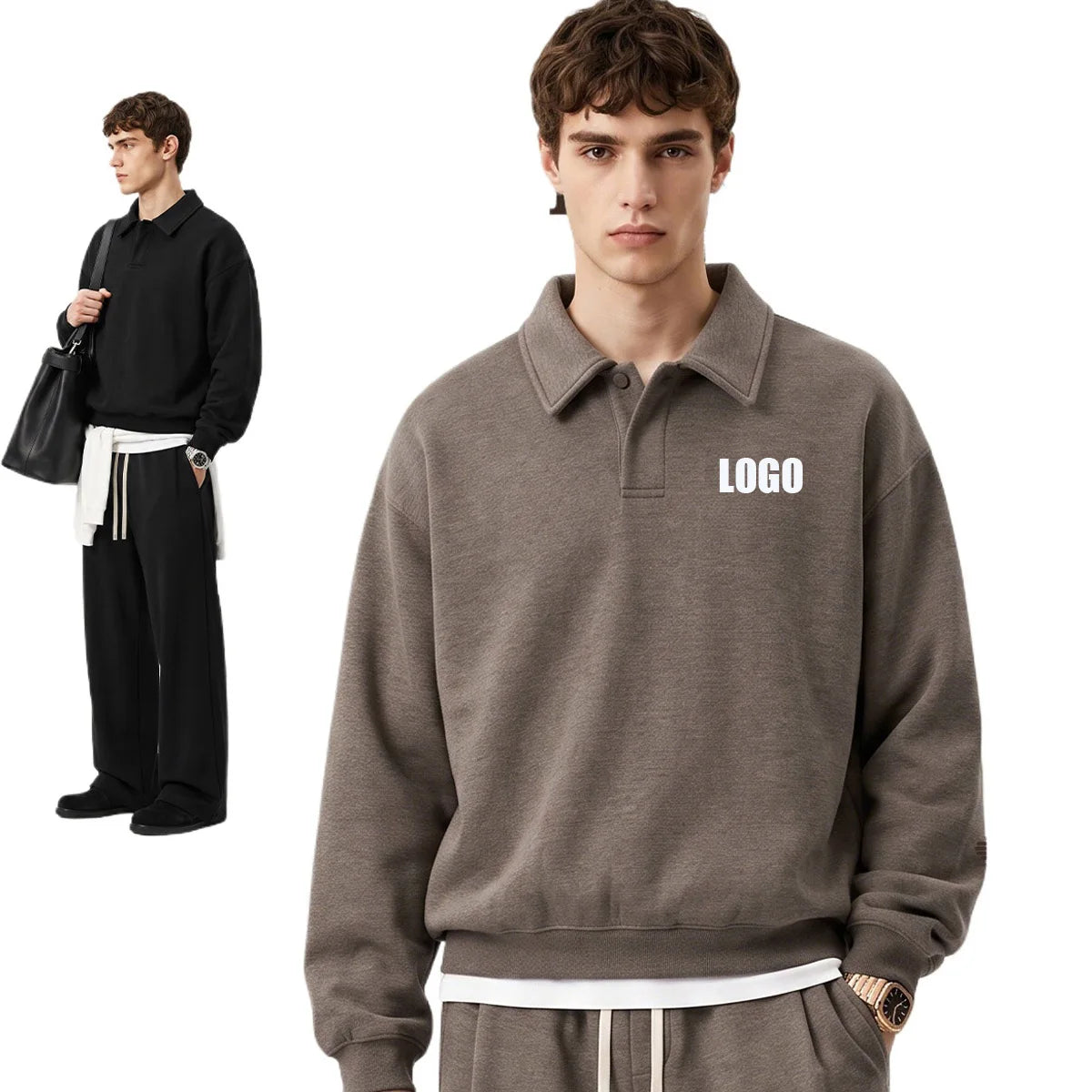 Custom LOGO men's autumn 320G heavy cotton new old money wind American retro polo sweater trousers loose suit