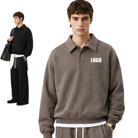 Custom LOGO men's autumn 320G heavy cotton new old money wind American retro polo sweater trousers loose suit