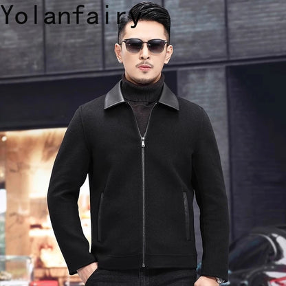 YOLANFAIRY Casual Wool Coats for Men Spring Autumn Fashion Short Woolen Coat Man Clothing Spliced Genuine Leather Mens Jacket