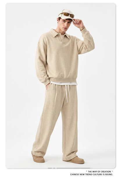 Custom LOGO men's autumn 320G heavy cotton new old money wind American retro polo sweater trousers loose suit