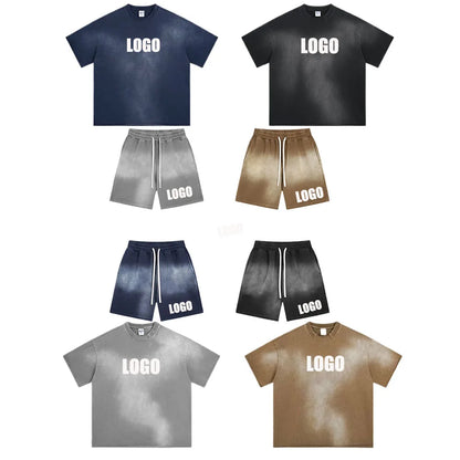 Customized LOGO men's new summer 305G heavy 100% cotton short-sleeved washing water old retro 430G shorts two-piece set