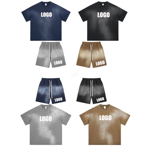 Customized LOGO men's new summer 305G heavy 100% cotton short-sleeved washing water old retro 430G shorts two-piece set